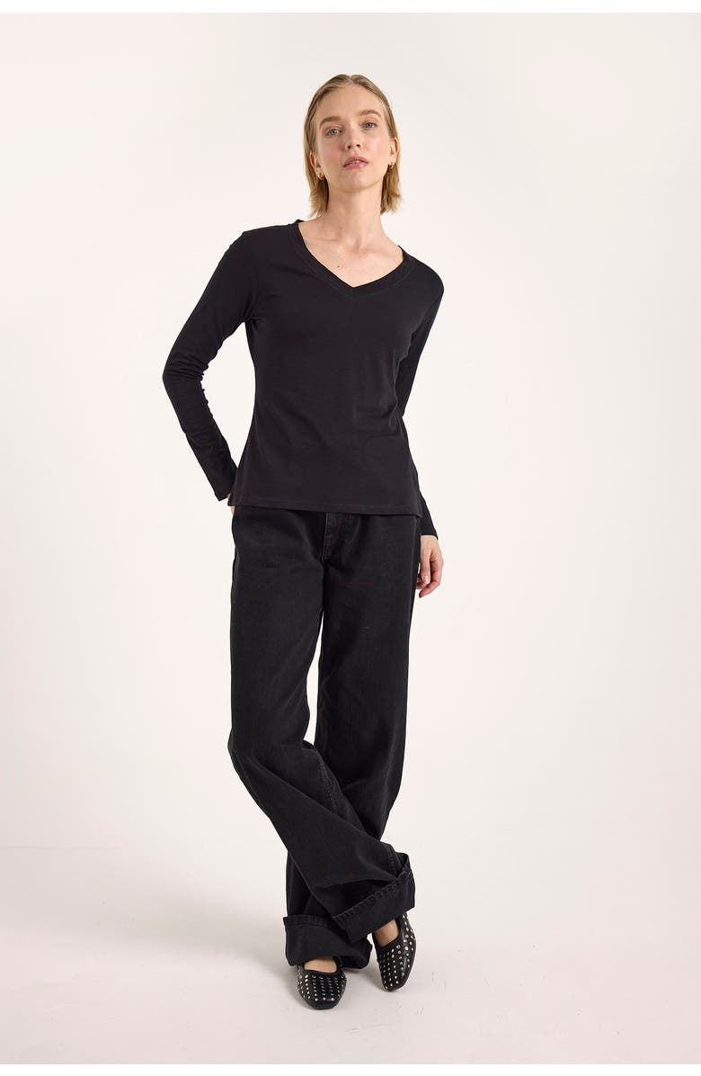 Brodie Pure Cashmere Long Sleeve Cotton V-Neck T-shirt, Main, color, Black