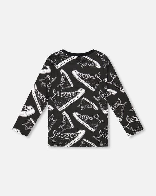 Deux Par Deux Long Sleeve Organic Cotton Allover Tee In Black