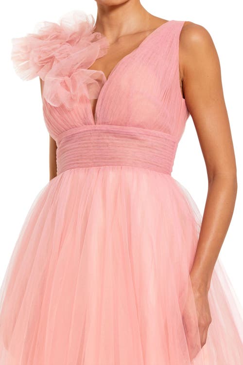 Mac Duggal Ruffle Shoulder V Neck Ombre Tulle Ballgown