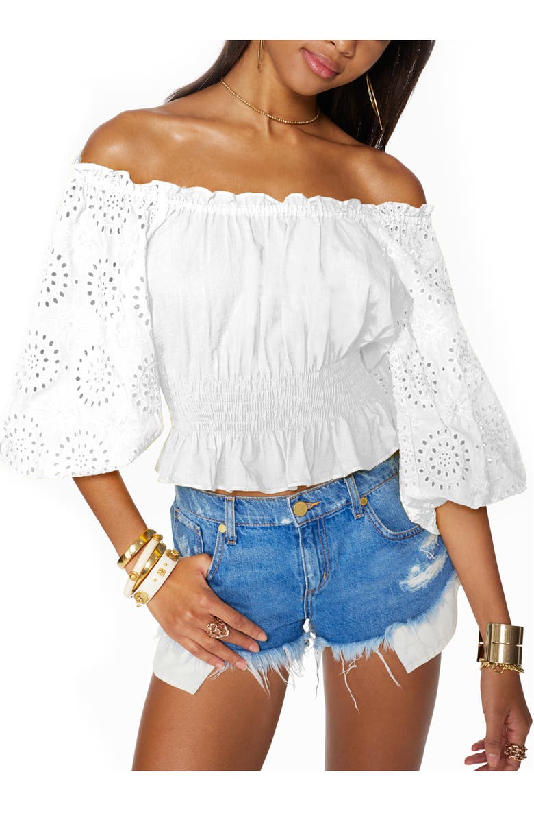 Ramy Brook Trish Off the Shoulder Cotton Eyelet Blouse, Main, color, 