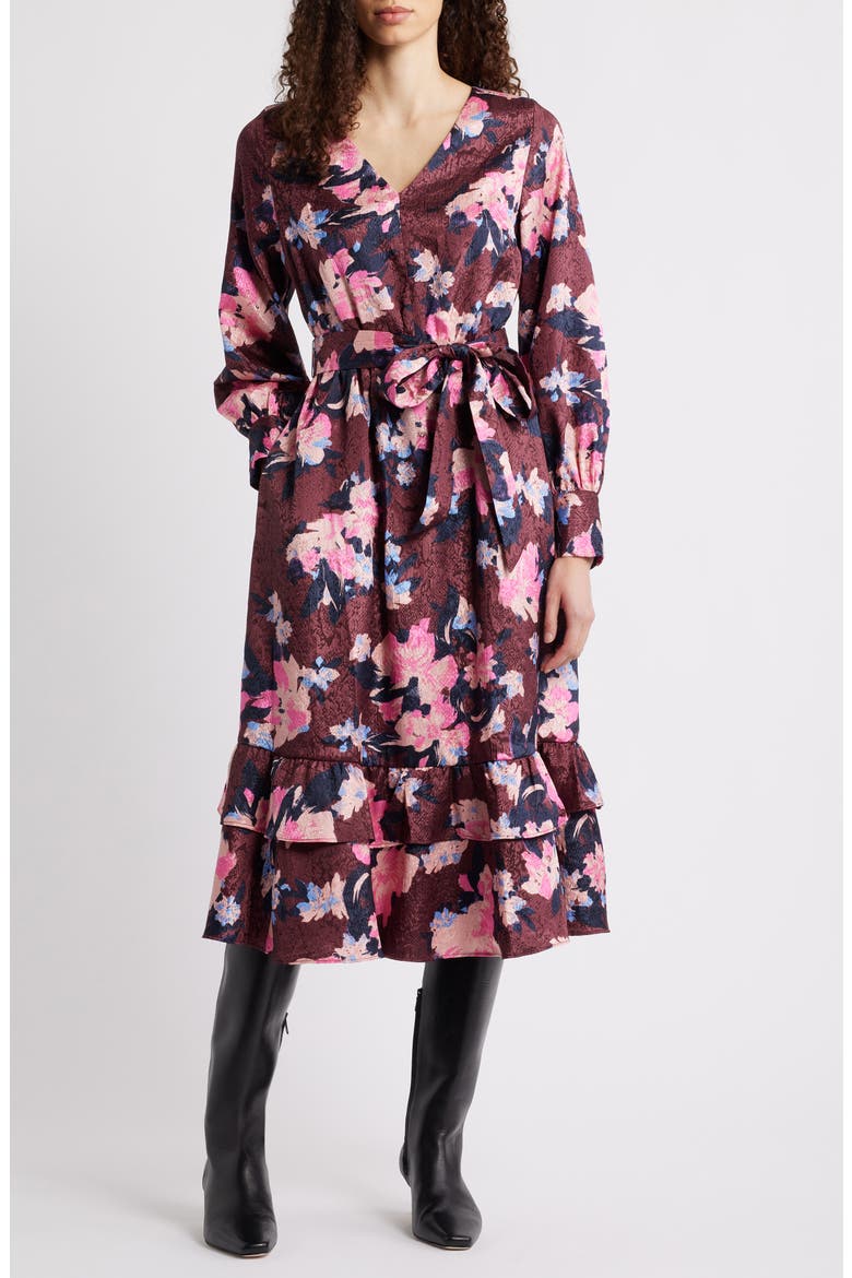 Ruffle Tie Waist Long Sleeve Midi Dress, Main, color, BURGUNDY- BLUE GEORGIA BLOOMS