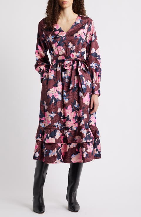Ruffle Tie Waist Long Sleeve Midi Dress