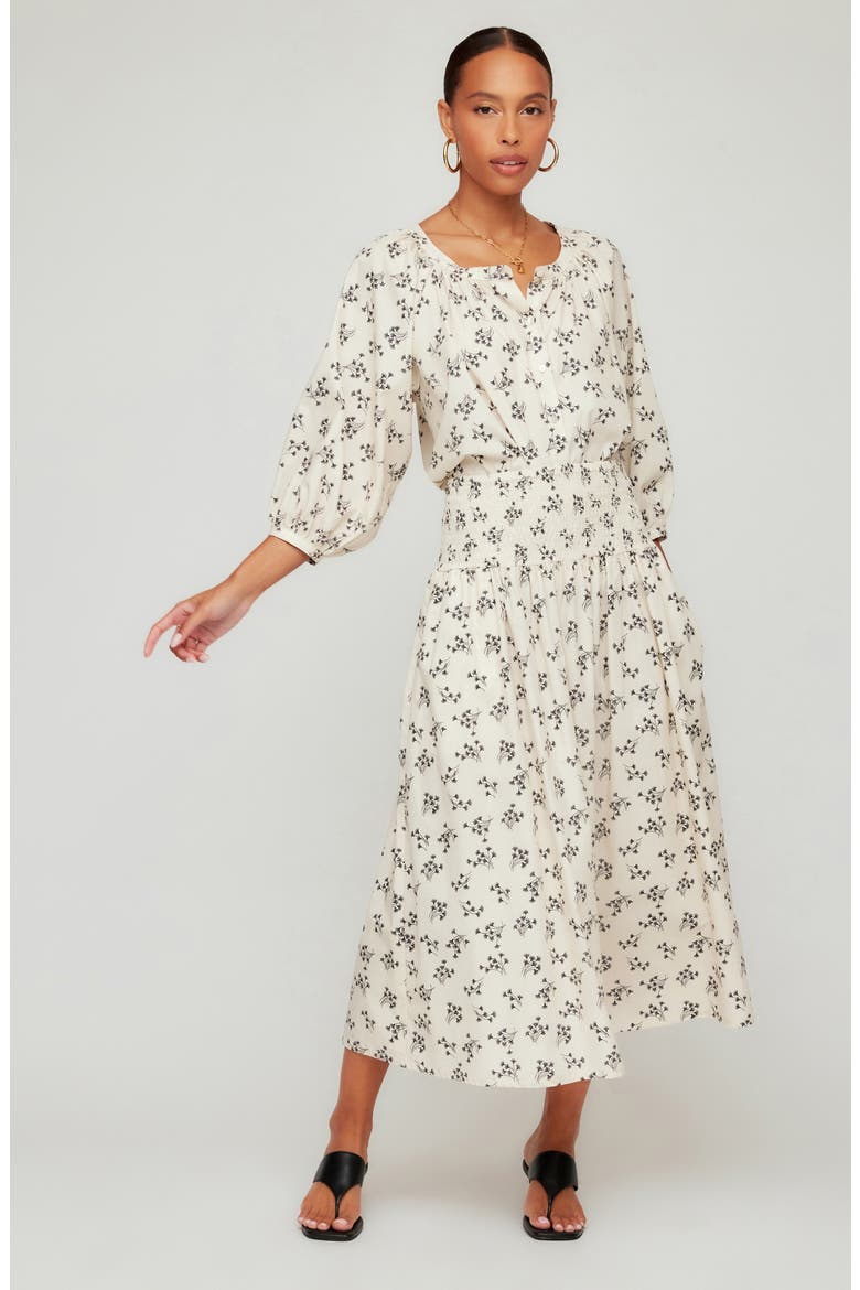 Rhea Floral Smock Waist Cotton Midi Skirt, Alternate, color, BEIGE PRINT