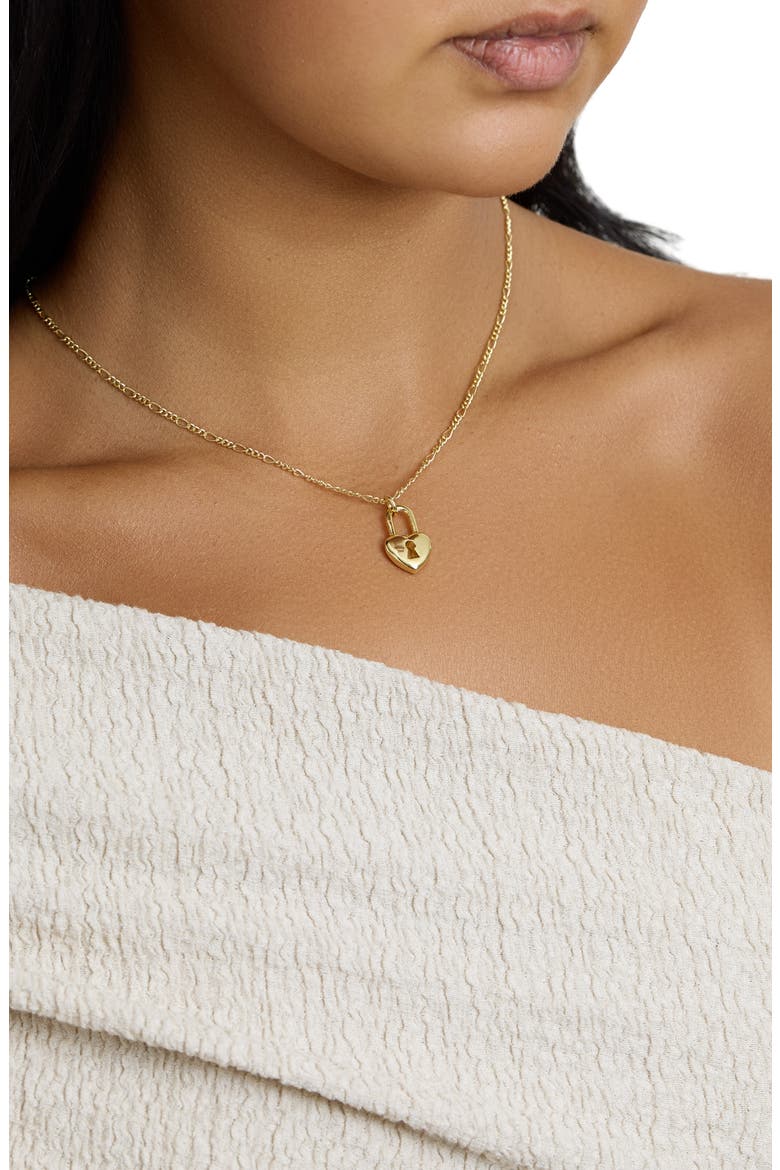 Modern Muse Heart Lock Figaro Necklace, Alternate, color, GOLD