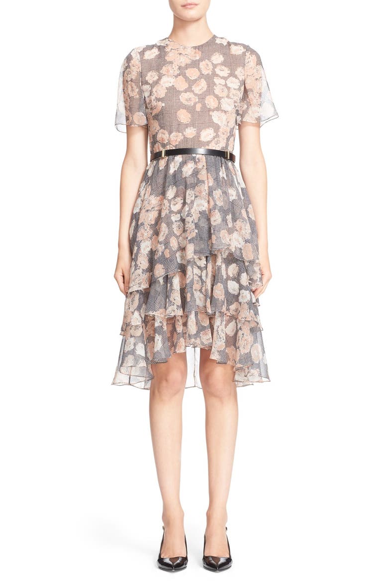Floral & Glen Plaid Silk Chiffon Tiered Dress, Main, color, FAWN MULTI