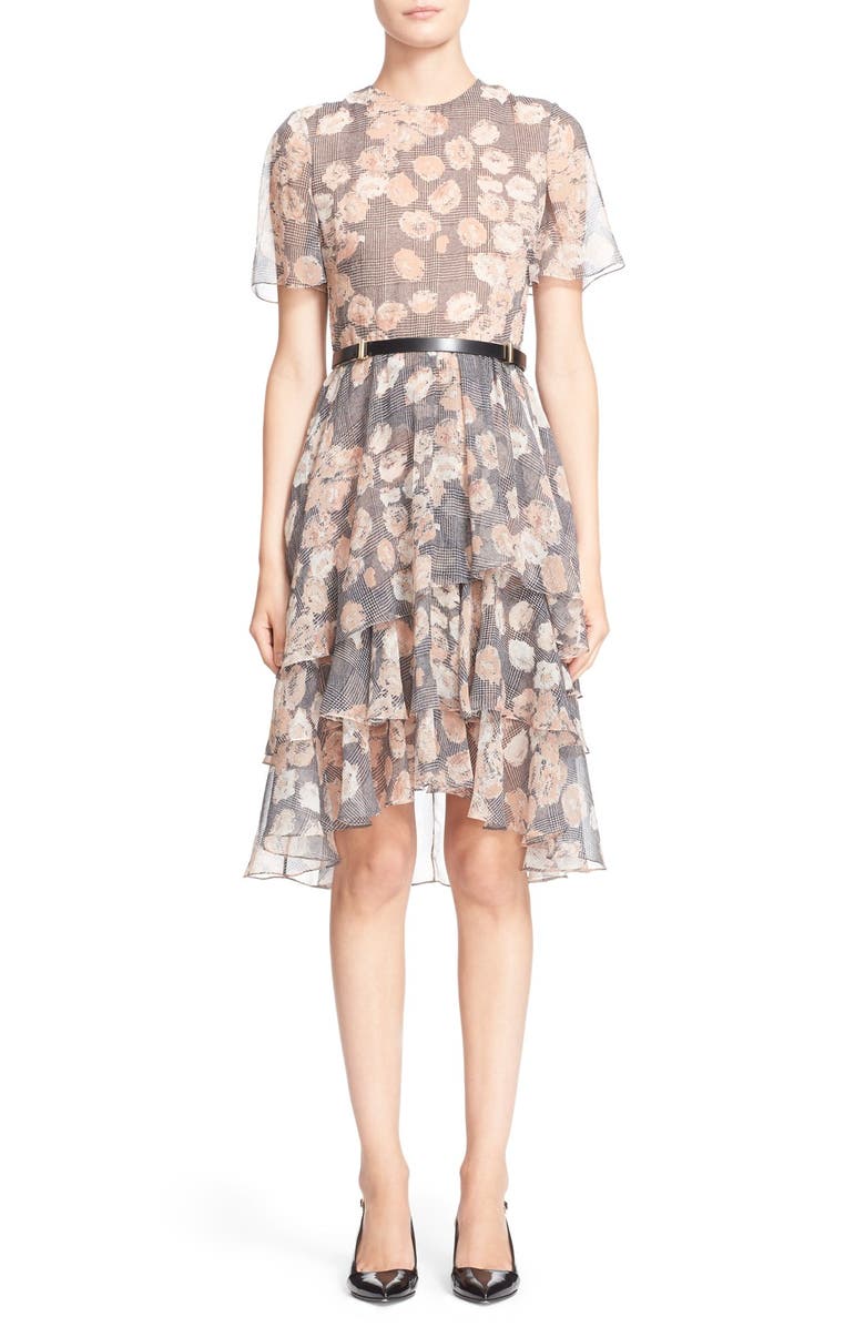 JASON WU Floral & Glen Plaid Silk Chiffon Tiered Dress, Main, color, 