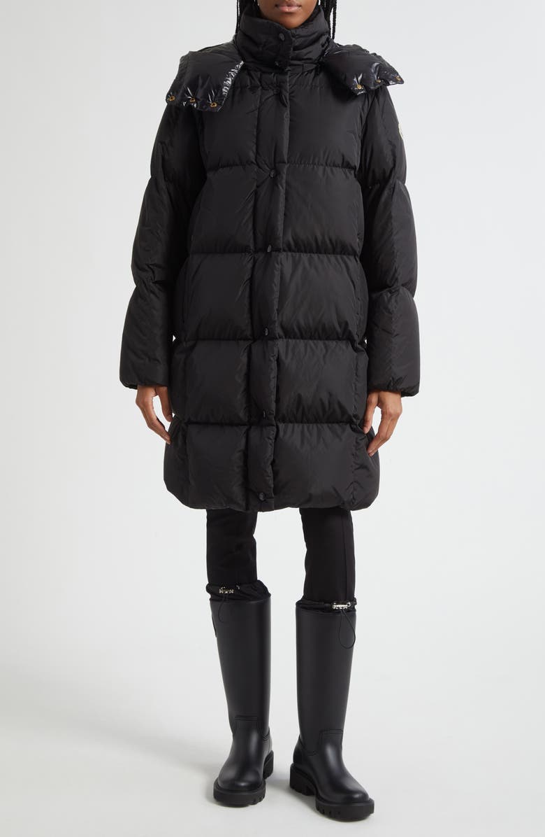 Moncler Litte Water Resistant Down Long Coat, Alternate, color, Black