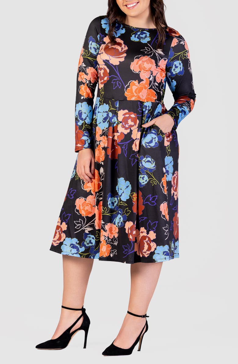 24seven Comfort Apparel Floral Fit & Flare Long Sleeve Jersey Midi Dress, Alternate, color,