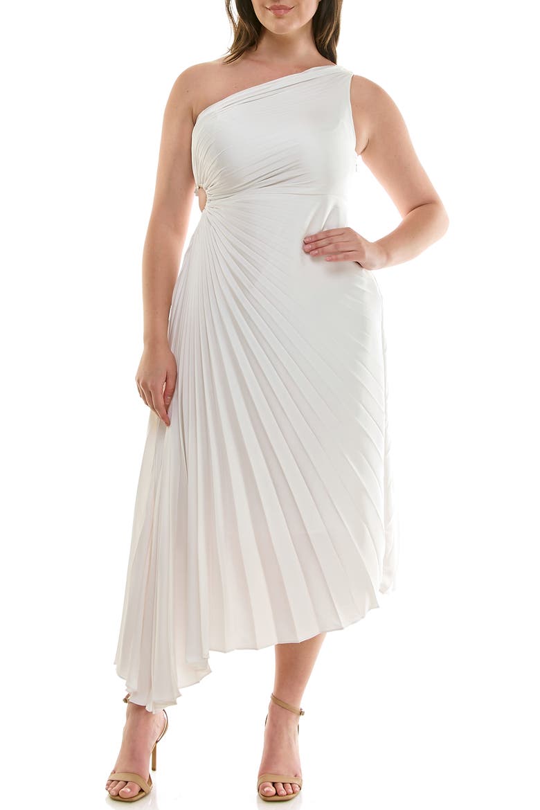 One Shoulder Pleat Midi Dress, Main, color, CLOUD DANCER