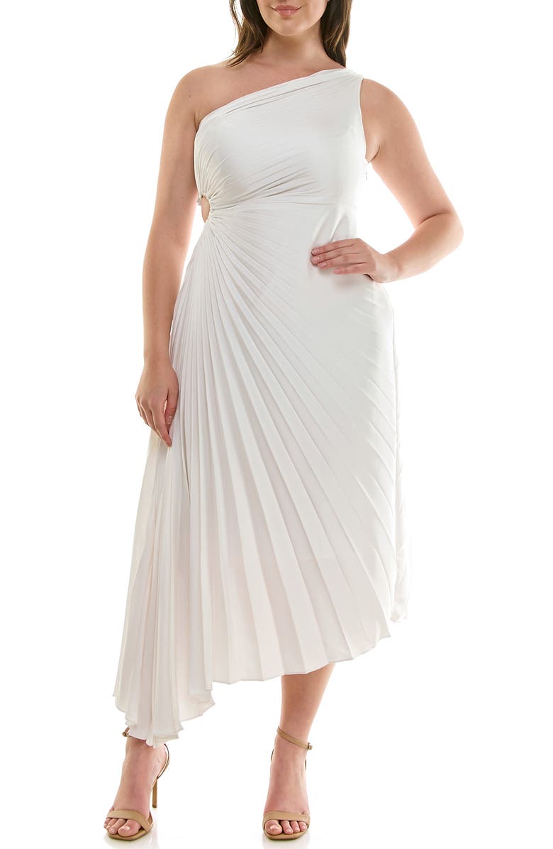 Nicole Miller One Shoulder Pleat Midi Dress, Main, color, Cloud Dancer