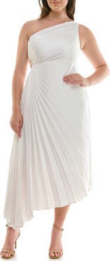 Nicole Miller One Shoulder Pleat Midi Dress
