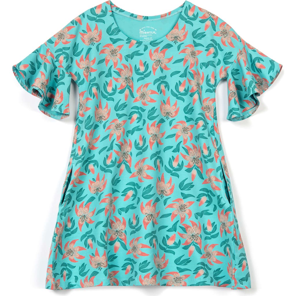 Mightly Organic Cotton Flutter Sleeve Cascade Dress In Tiger Lily