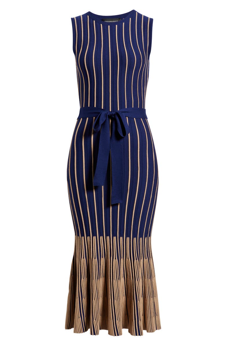 FREEMARKET Tie Belt Knit Dress, Alternate, color, Navy/ Taupe