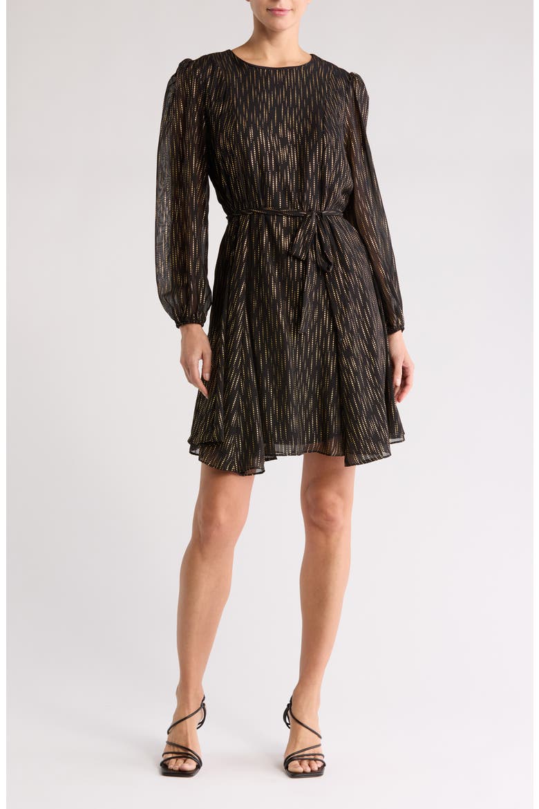 Metallic Long Sleeve Swing Dress, Main, color, BLACK GOLD