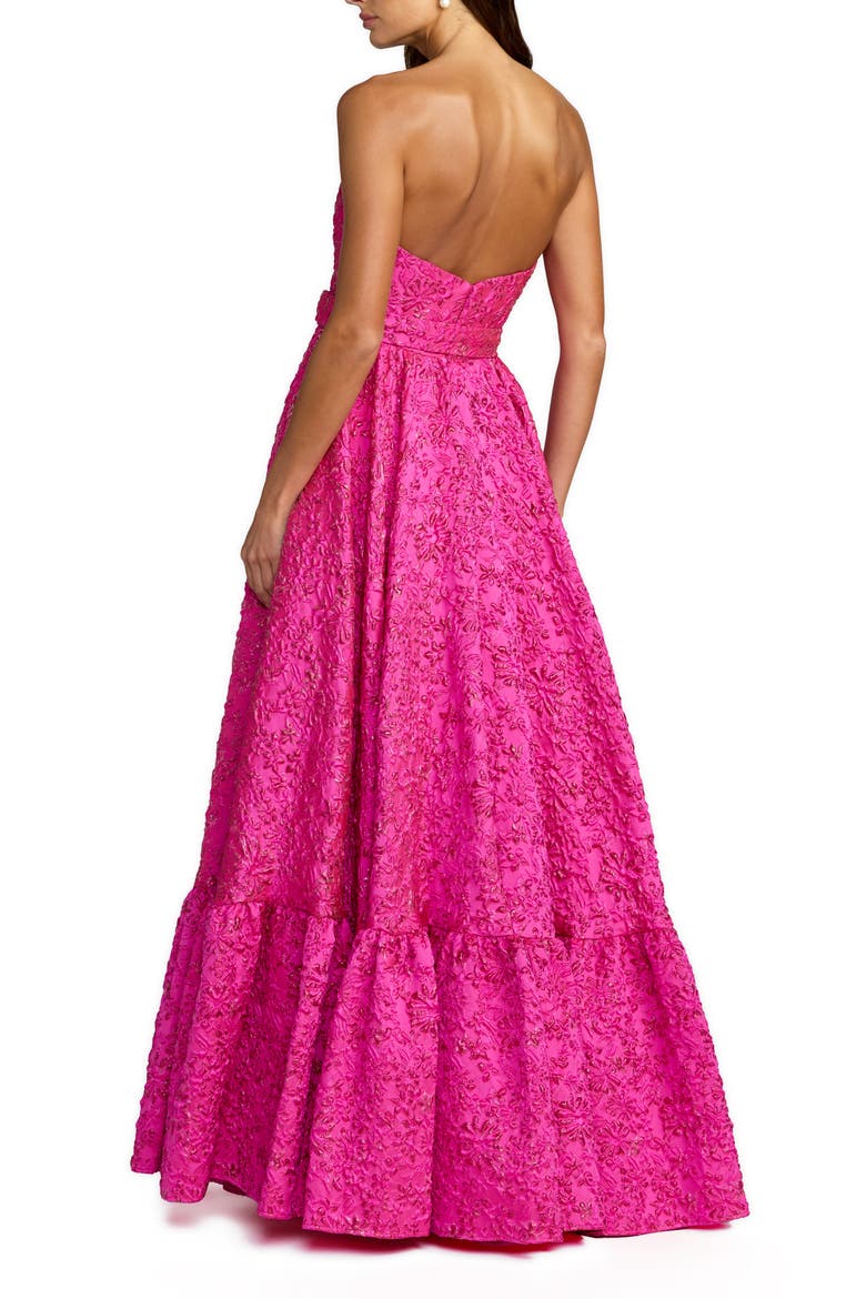 Strapless Floral Brocade Ruffle Hem Gown With Belt, Alternate, color, Hot Pink