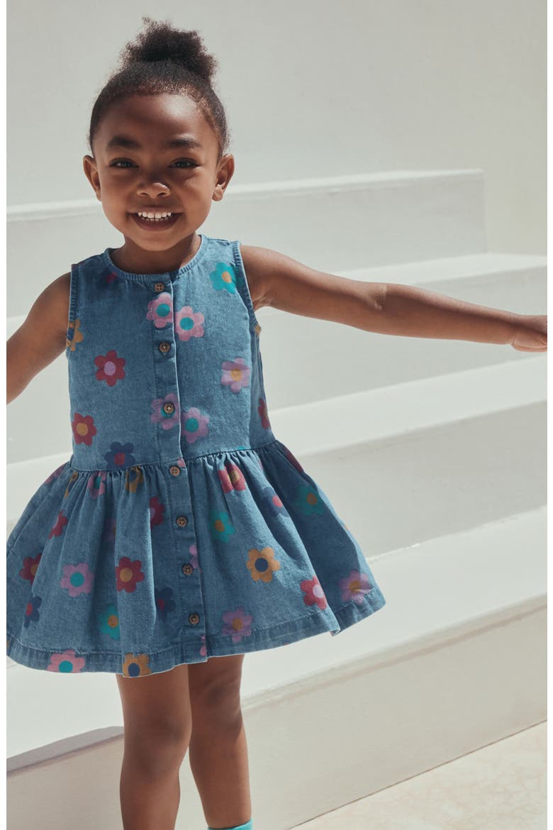 Kids' Floral Print Sleeveless Denim Dress, Alternate, color, BLUE