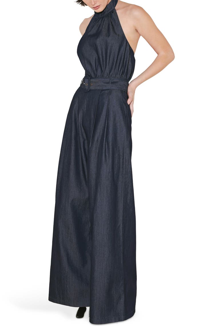 Halter Neck Denim Jumpsuit, Alternate, color, DENIM