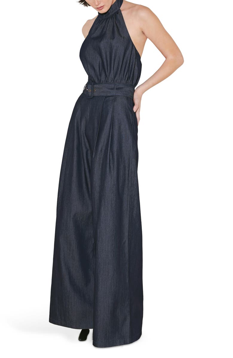 FREEMARKET Halter Neck Denim Jumpsuit, Alternate, color, Denim