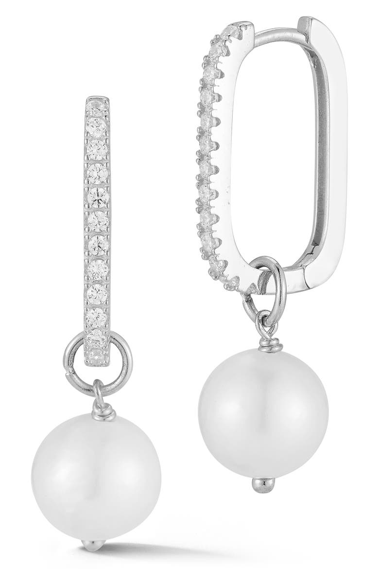 Cubic Zirconia Cultured Pearl Drop Oval Hoop Earrings, Main, color, SILVER