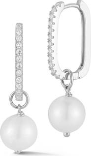 GLAZE JEWELRY Cubic Zirconia Cultured Pearl Drop Oval Hoop Earrings