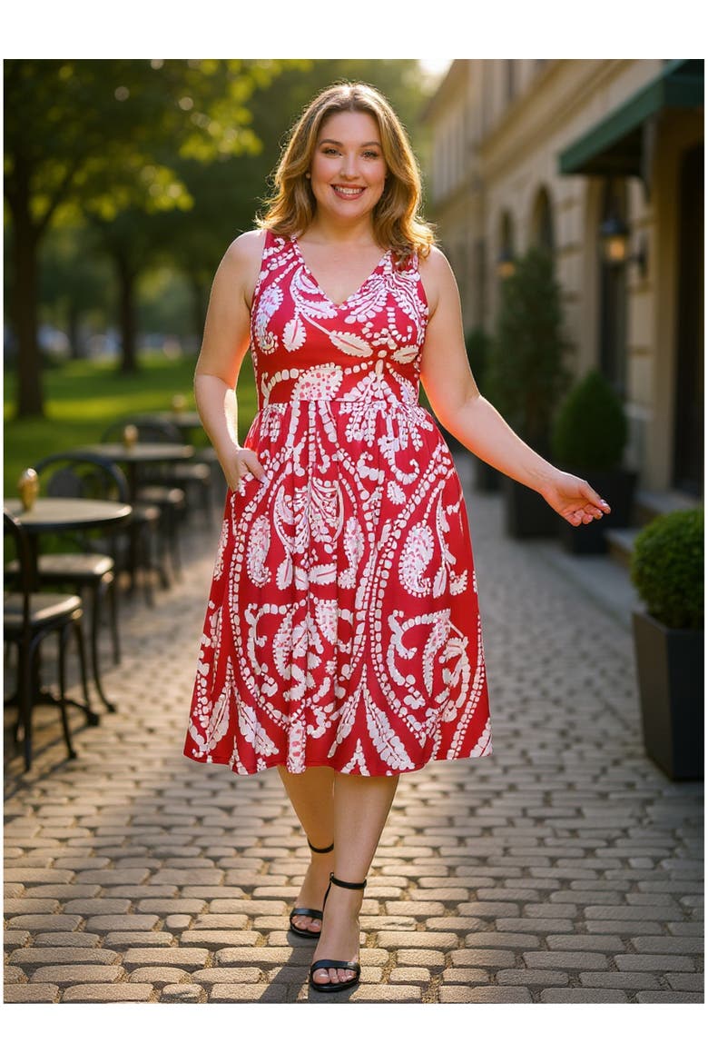 Plus Size Paisley V-Neck Sleeveless Pleated Pocket Midi Fit N Flare Dress, Alternate, color, Red Multi