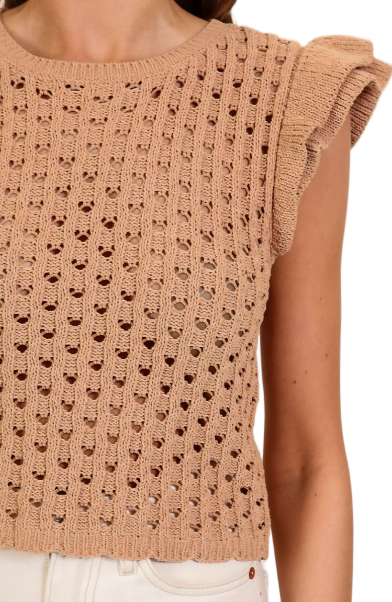 Knit and Lounge Ruffle Cap Sleeve Crochet Open Knit Top, Alternate, color, Camel