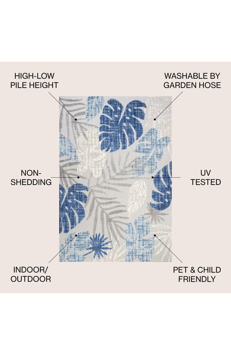 JONATHAN Y Monstera Tropical Leaf High-Low Indoor/Outdoor Area Rug, Alternate, color, Light Gray/Navy