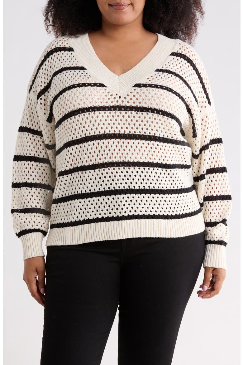 Airy Openwork Sweater, Main, color, CHALK WHITE/ BLACK