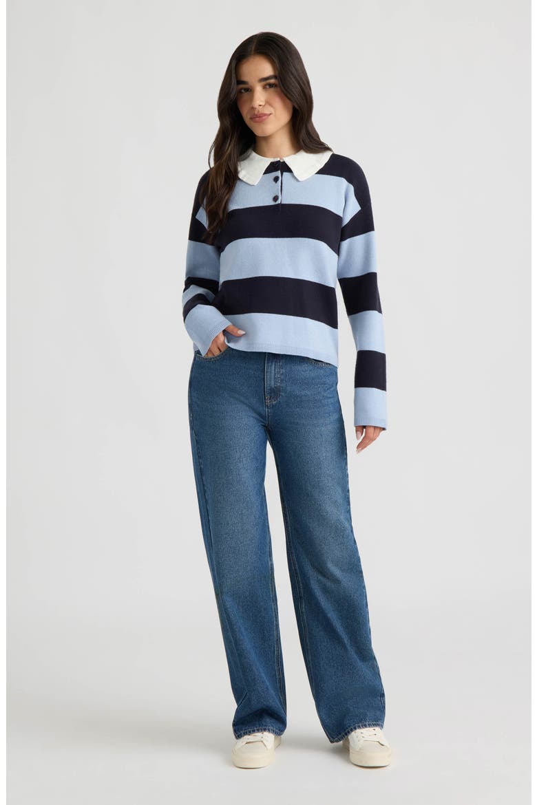 Ruffled Polo Collar Striped Rugby Sweater, Alternate, color, NAVY/ LIGHT BLUE STRIPE