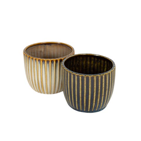 Set of 2 Ribbed Planters Navy & Cream Porcelain