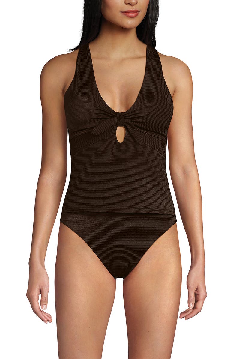 Lands' End Shine Ribbed Tankini Top and High Waisted Bottom Swimsuit Set, Alternate, color, Chocolate Brown Shine