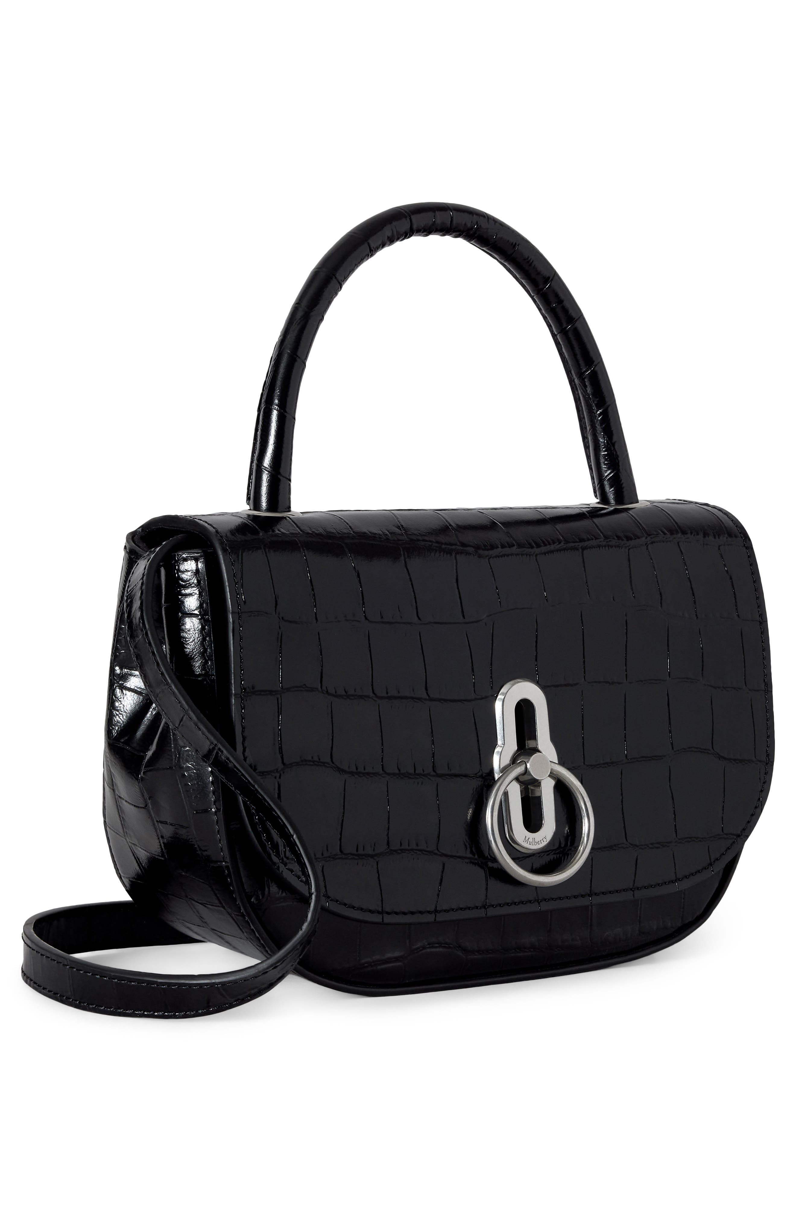Mulberry Small Amberley Croc Embossed Patent Leather Top Handle Bag, Alternate, color, Black