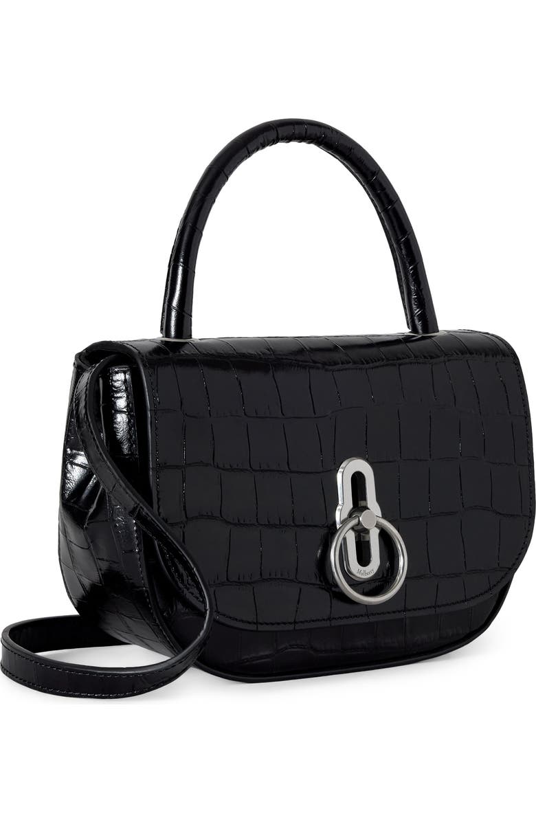 Mulberry Small Amberley Croc Embossed Patent Leather Top Handle Bag, Alternate, color, Black