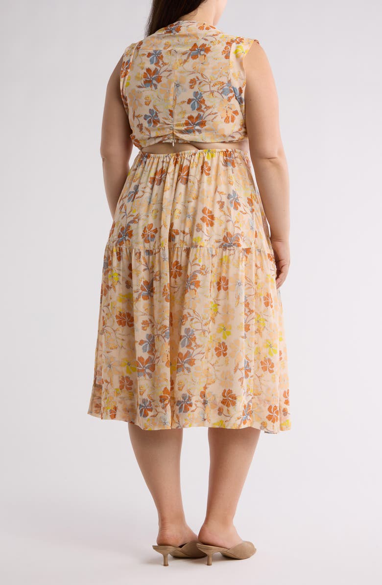 Joie Maeve Floral Back Cutout Silk Midi Dress, Alternate, color, Apricot Buff Multi