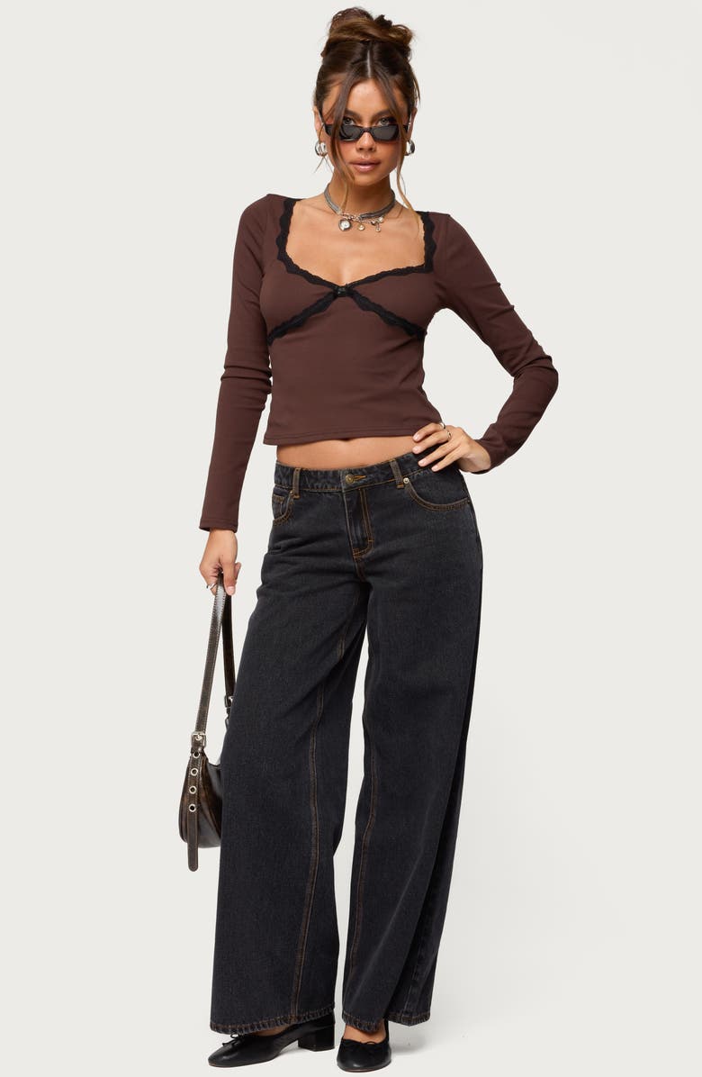 EDIKTED Porta Contrast Lace Crop Top, Alternate, color, Brown