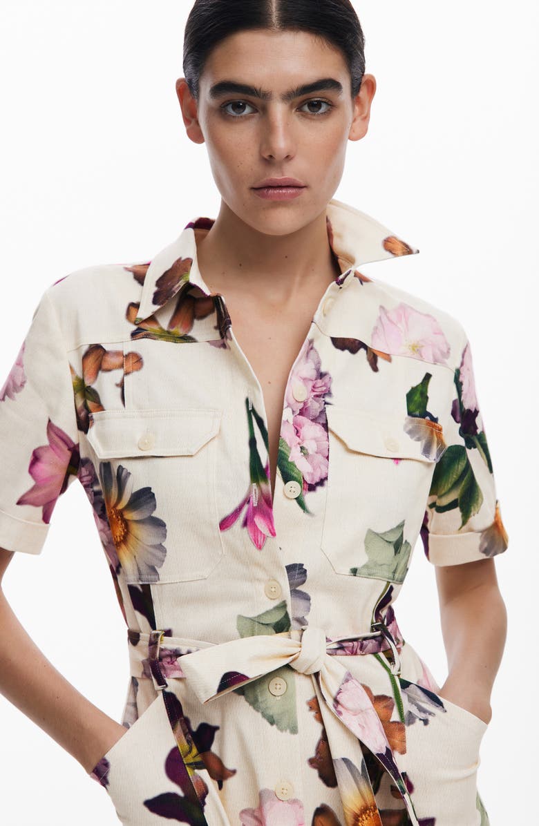 Desigual Floral Belted Mini Shirtdress, Alternate, color, Light Beige