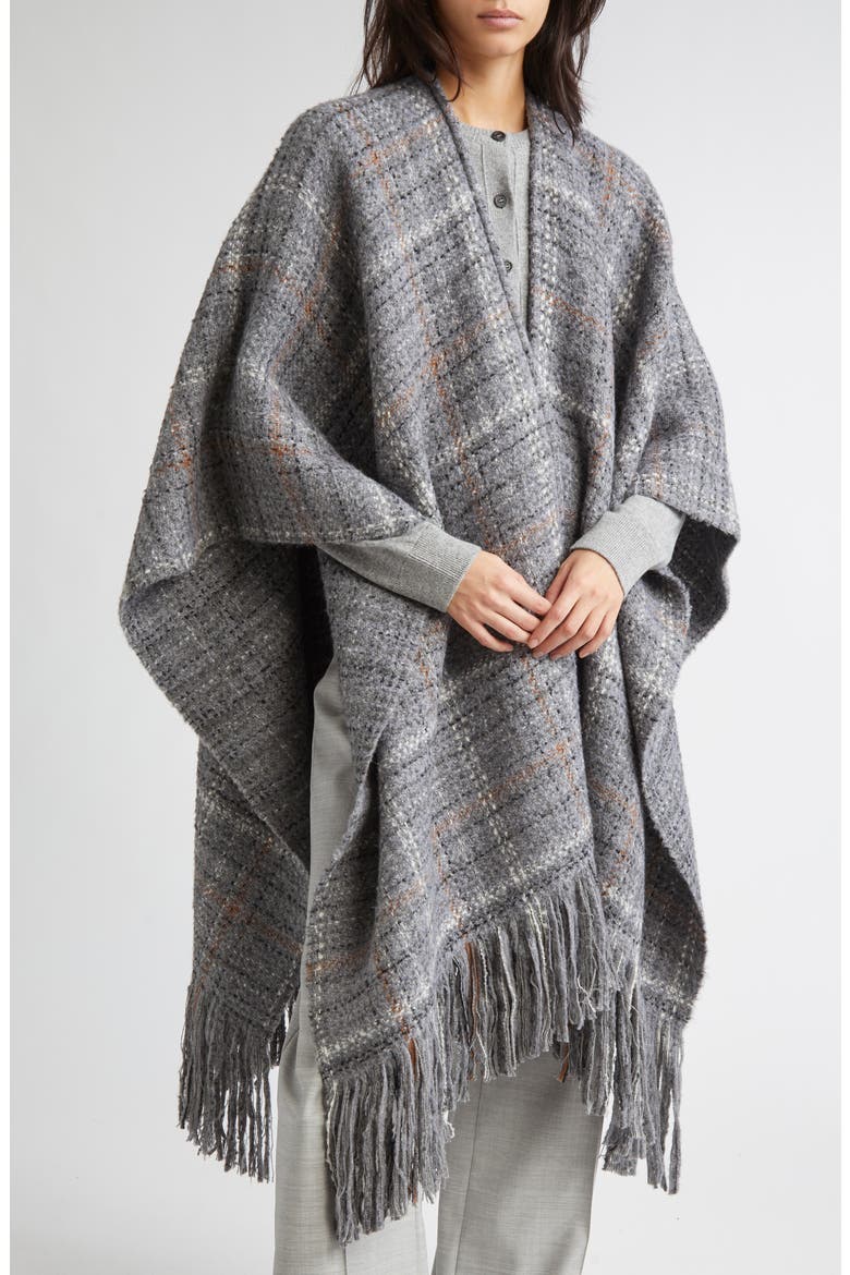 Plaid Wool Cape, Alternate, color, GREY