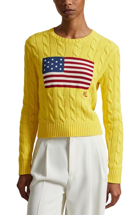 Flag Intarsia Cable Stitch Crewneck Sweater