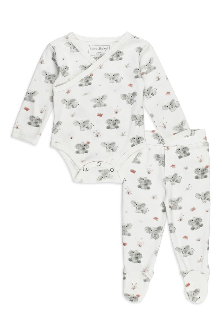 Elephant Print Organic Cotton Wrap Bodysuit & Footed Pants Set, Main, color, BABY ELEPHANT