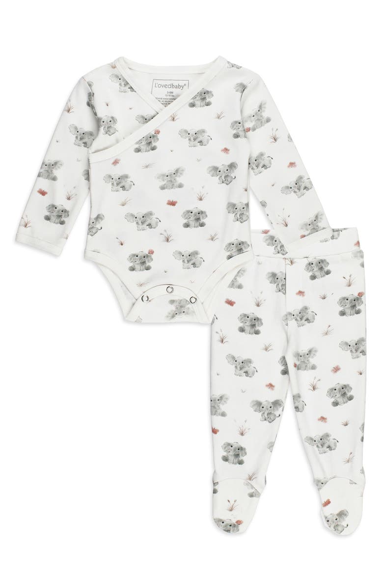 L'ovedbaby Elephant Print Organic Cotton Wrap Bodysuit & Footed Pants Set, Main, color, Baby Elephant