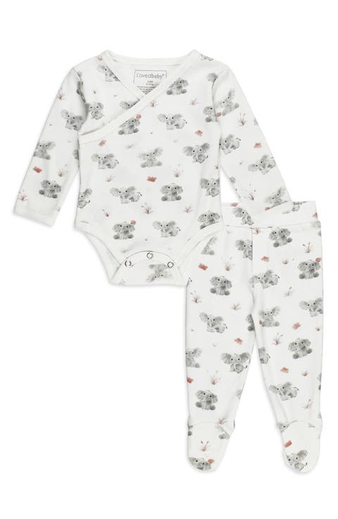 Elephant Print Organic Cotton Wrap Bodysuit & Footed Pants Set (Baby)