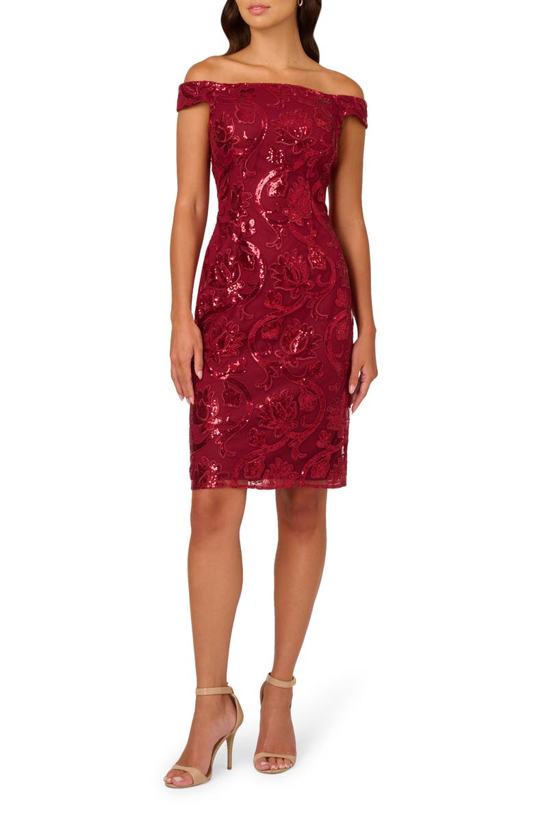 Adrianna Papell Sequin Off the Shoulder Sheath Cocktail Dress, Main, color, Garnet