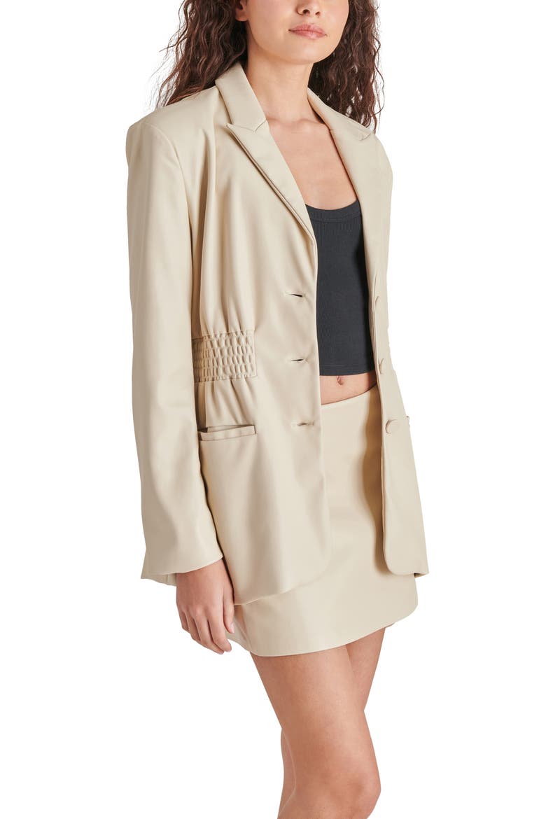 Frida Smock Waist Faux Leather Blazer, Alternate, color, BONE
