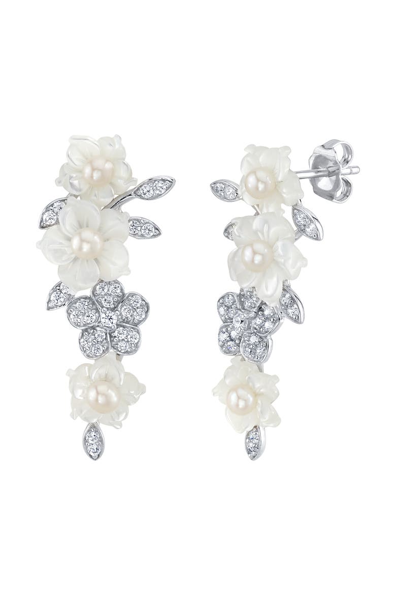 White Freshwater Pearl & Mother of Pearl Flower Magnolia Earrings, Main, color, Sterling Silver
