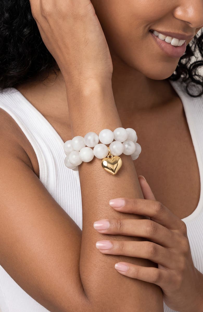 Ettika Luck & Love Stone Puffy Heart Stretch Bracelet, Alternate, color, Bone