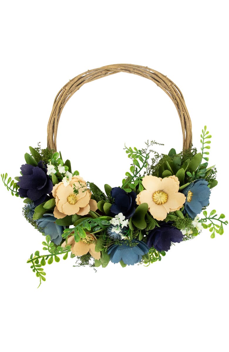 Northlight 12" Blue and Tan Poppy Floral Wooden Spring Basket Wreath, Main, color, 