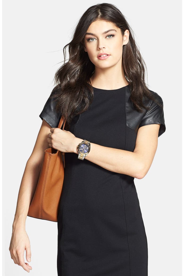 Faux Leather Trim Ponte Sheath Dress, Main, color, BLACK