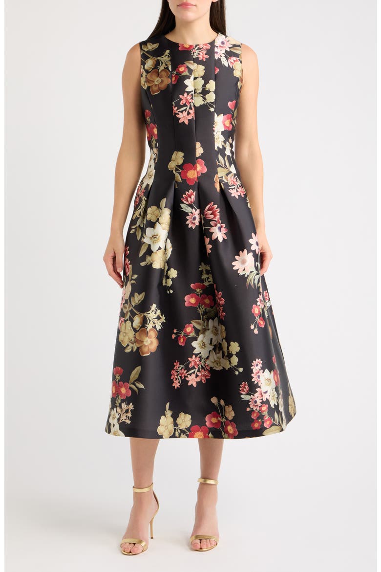 Floral Print Pleated Cocktail Dress, Main, color, BLACK MULTI