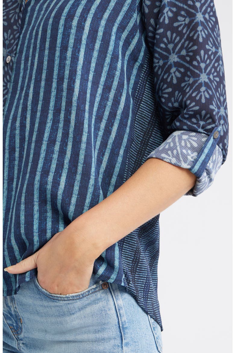 Print Roll Tab Sleeve Chiffon Button-Up Shirt, Alternate, color, DARK BLUE