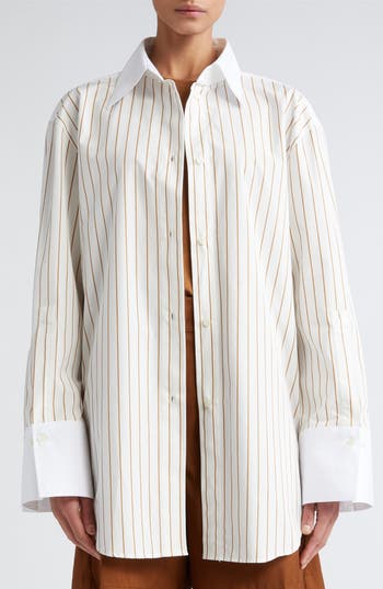 Shop Rohe Róhe Reimagined Cotton Banker Shirt In Caramel Stripe